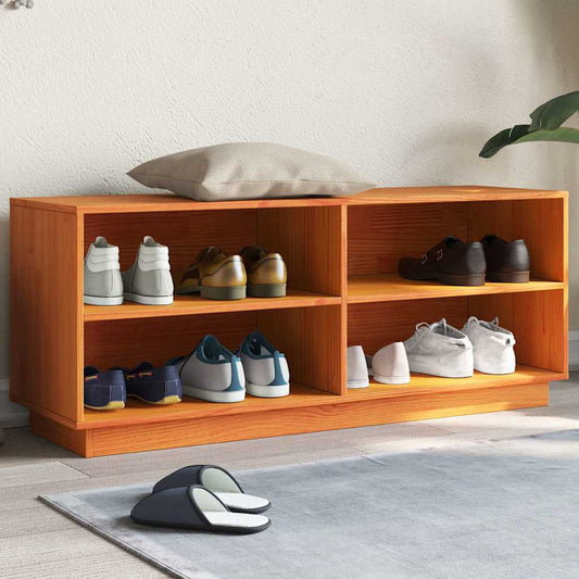 vidaXL Shoe Cabinet Wax Brown Solid Wood Pine with shoes on the shelves and a cushion on top