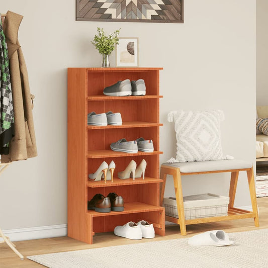 vidaXL Shoe Cabinet Wax Brown Solid Wood Pine with six shelves holding shoes