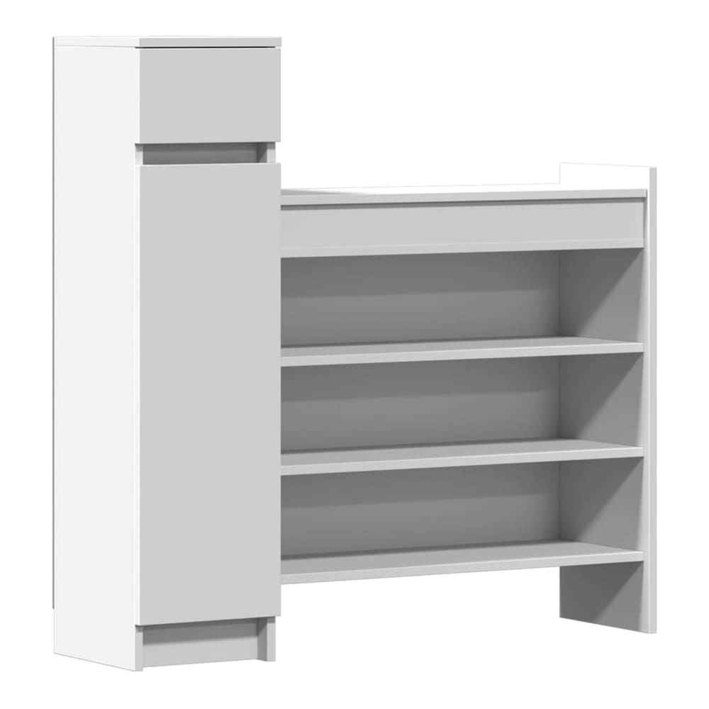 The white shoe rack with three shelves and a storage compartment