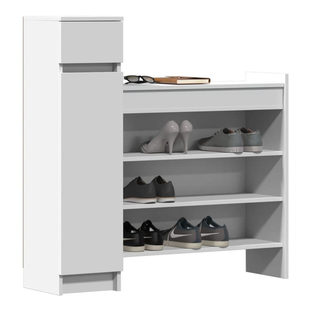 White shoe storage unit with various shoes on its shelves