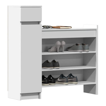 White shoe storage unit with various shoes on its shelves