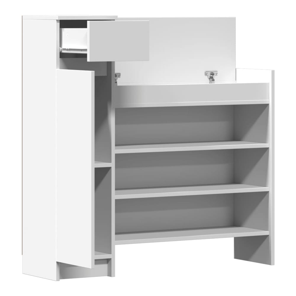 The shoe organiser with its drawer and top compartment open