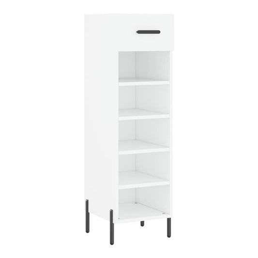 white shoe cabinet with five shelves and a drawer, standing on black legs