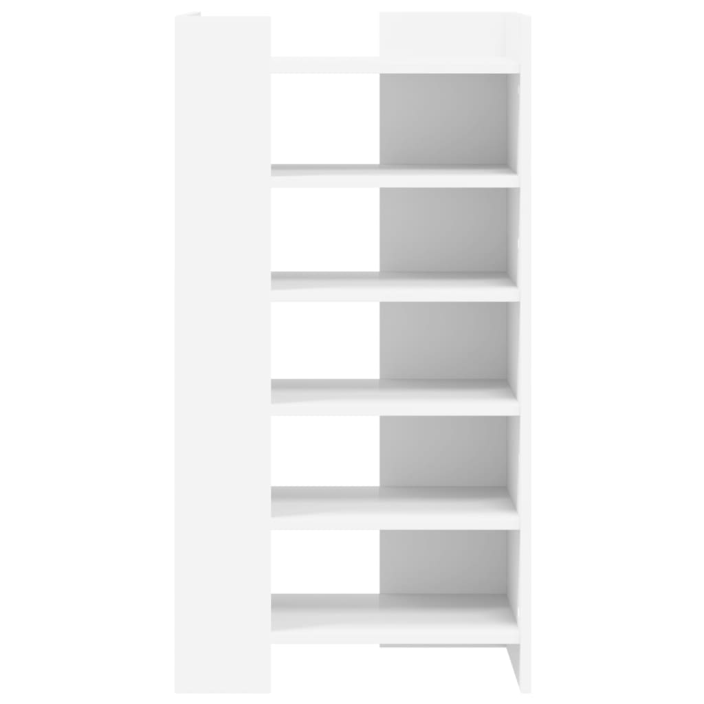 White shoe storage unit with six open shelves, front view