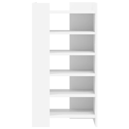 White shoe storage unit with six open shelves, front view