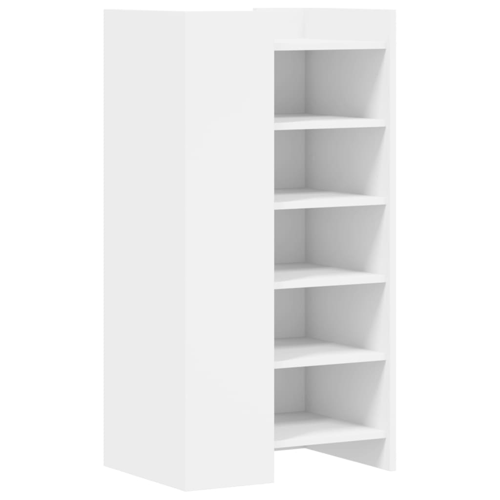 White engineered wood shoe rack with open shelves, viewed from the side