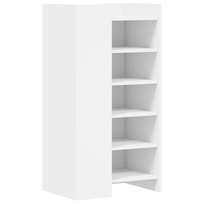White engineered wood shoe rack with open shelves, viewed from the side