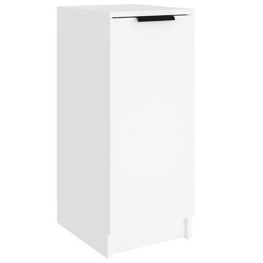 A white shoe rack with a single door and a black handle