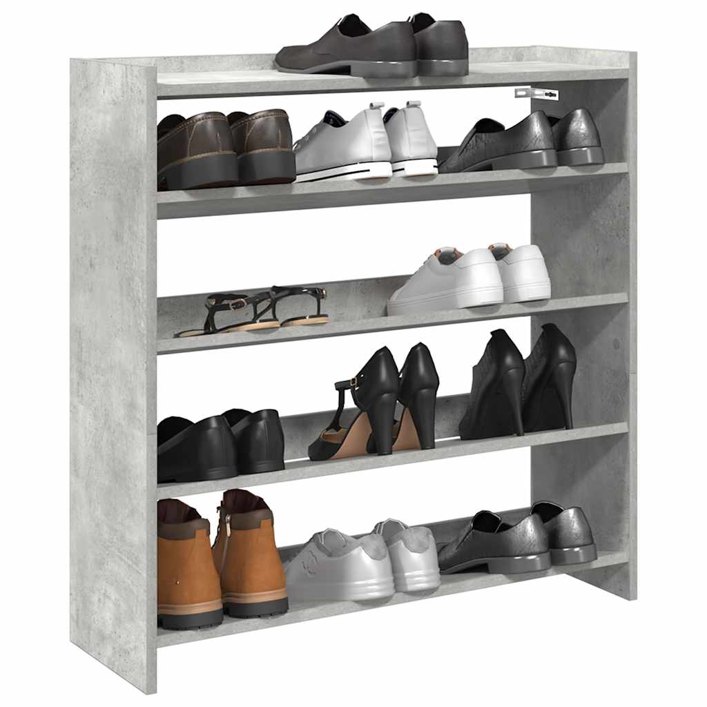 vidaXL Shoe Rack Concrete Grey Engineered Wood with five shelves holding various shoes