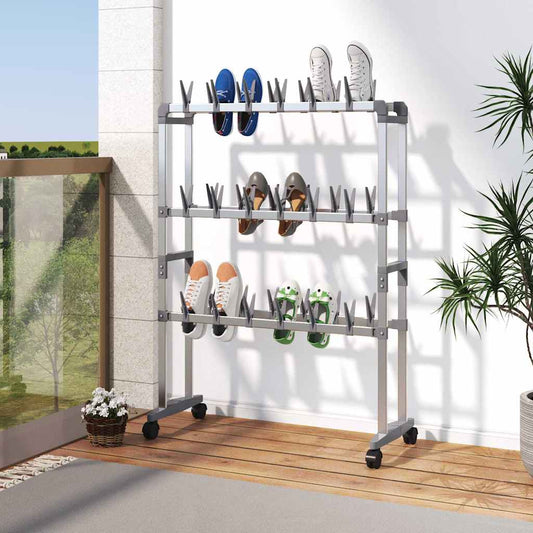 Shoe Rack with Wheels Silver standing on a balcony with various pairs of shoes on the shelves