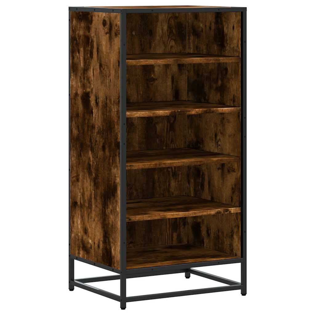The shoe rack with five empty shelves and a dark metal frame on a white background