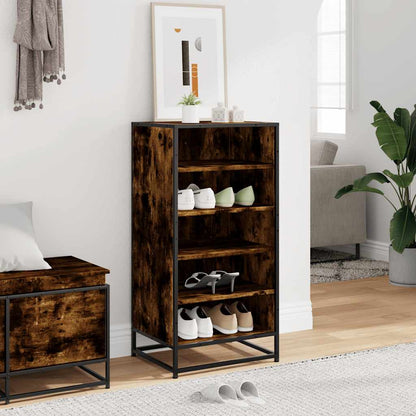 The shoe rack placed in a bright living room next to a bench and a potted plant