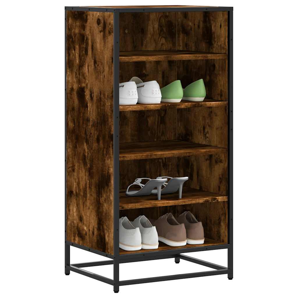 vidaXL Shoe Rack Smoked Oak Engineered Wood filled with various pairs of shoes on the shelves