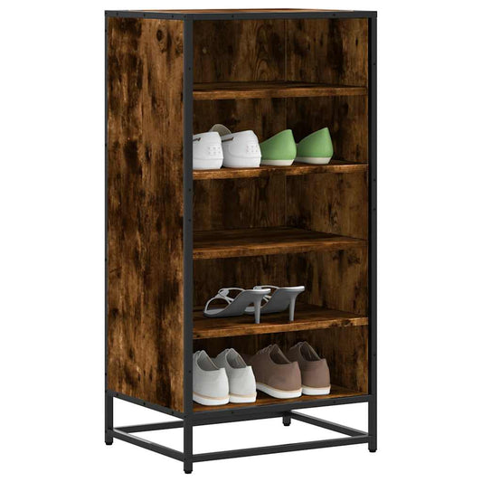 vidaXL Shoe Rack Smoked Oak Engineered Wood filled with various pairs of shoes on the shelves
