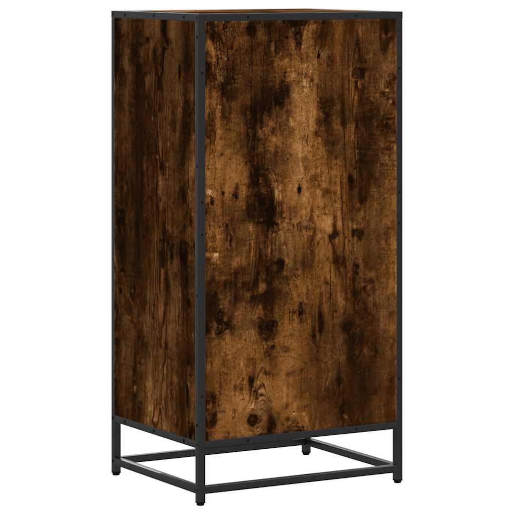 The shoe rack viewed from the side showing the dark wood finish and metal frame