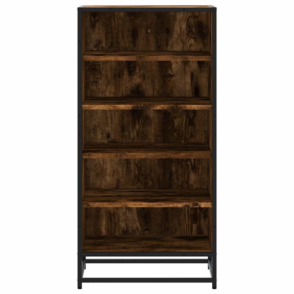 The shoe rack viewed directly from the front showing the wood grain and metal structure