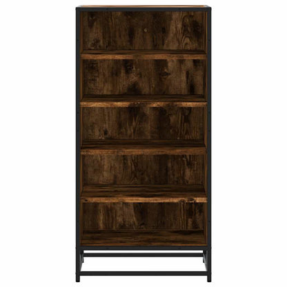 The shoe rack viewed directly from the front showing the wood grain and metal structure
