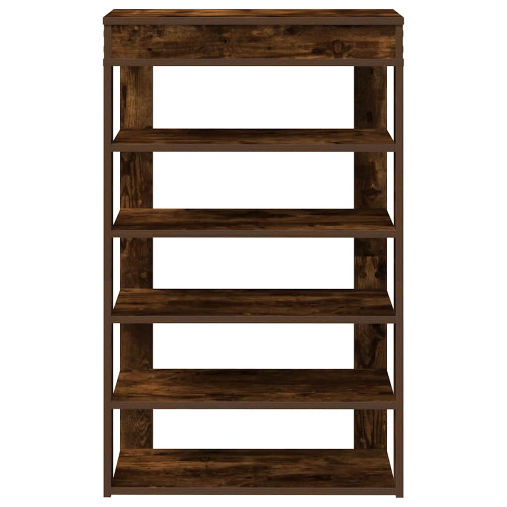 Back view of the smoked oak shoe rack with five open shelves