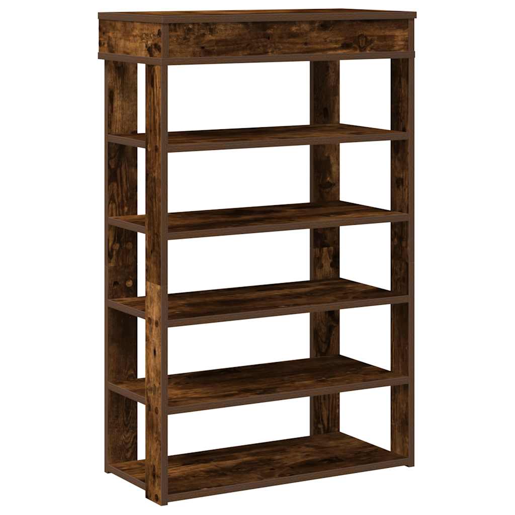 Smoked oak engineered wood shoe rack with five shelves, no items on it