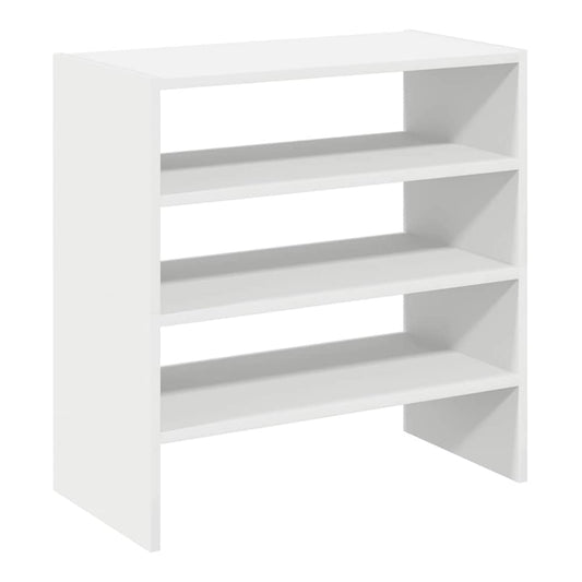 white shoe rack with three shelves, front view