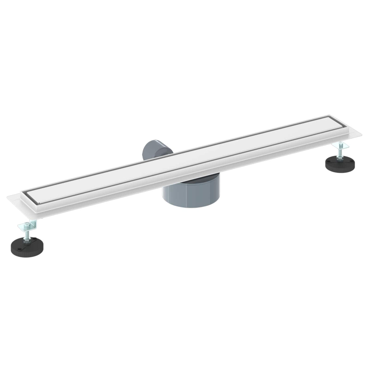 The silver shower drain with its waste pipe and adjustable feet shown from an angle