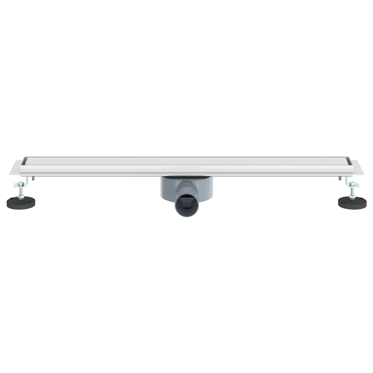 A long rectangular shower drain with a central waste pipe and adjustable feet