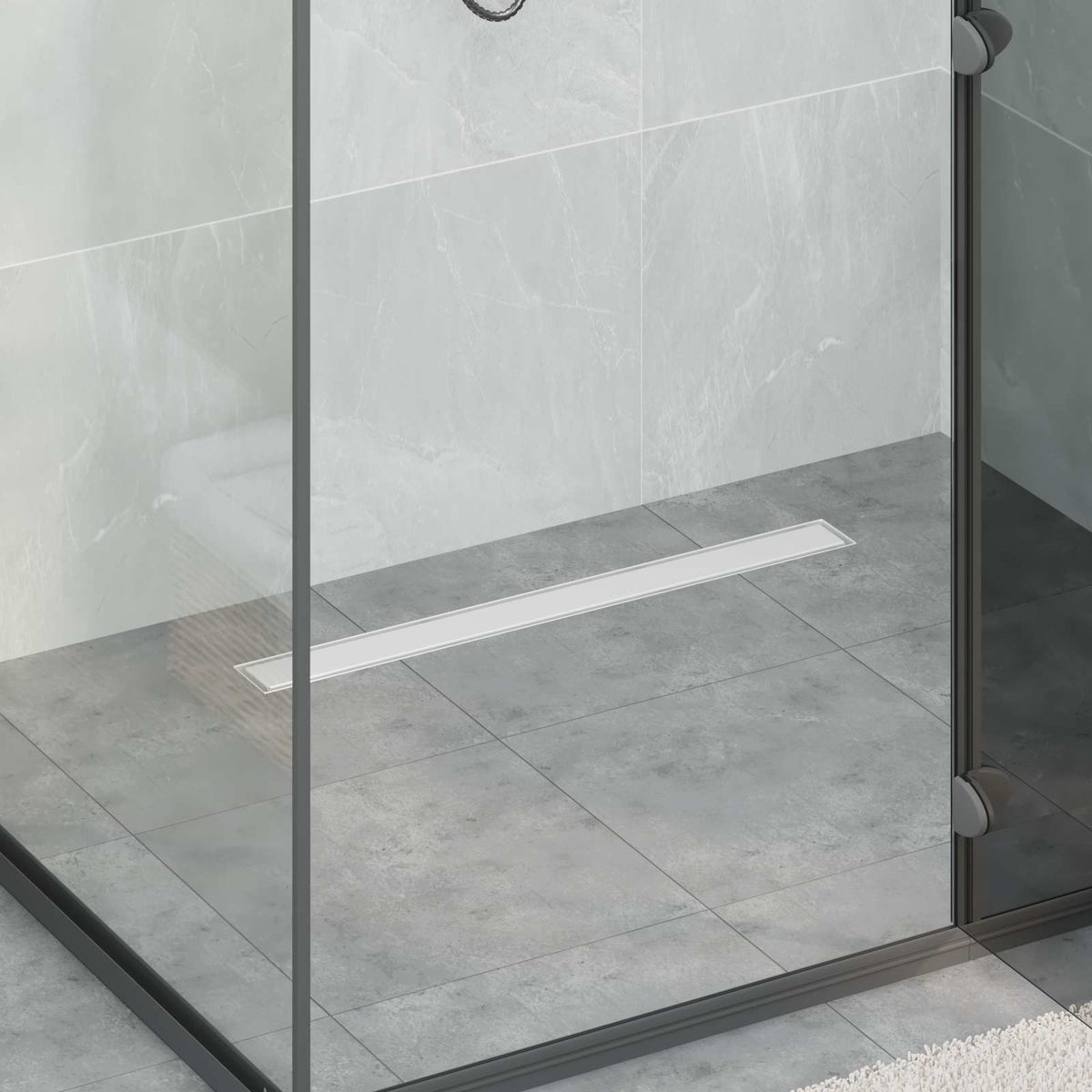 vidaXL Shower Drain 2-in-1 with 360° Siphon Silver 70 cm installed in a modern tiled shower cubicle