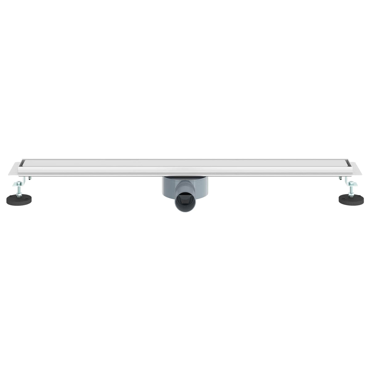 The long silver shower drain with its adjustable feet and siphon connection shown from the front
