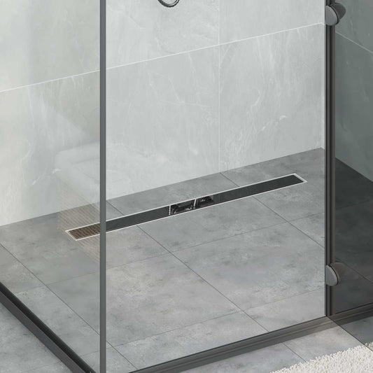 vidaXL Shower Drain Glass Cover with 360° Siphon Black 80 cm installed in a modern tiled shower cubicle