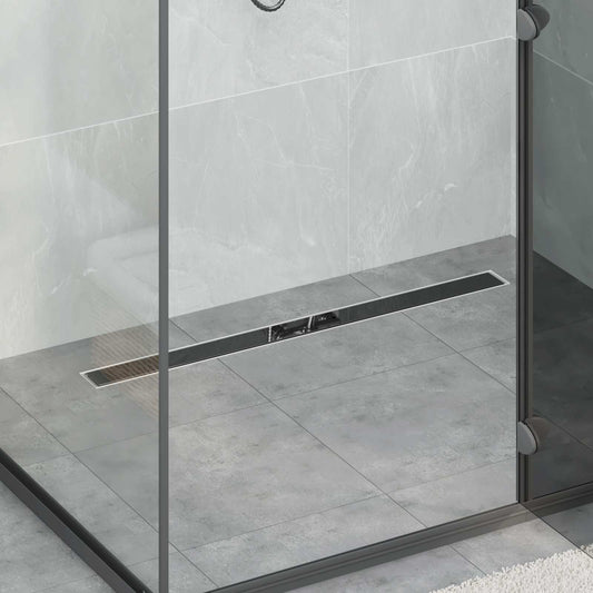 vidaXL Shower Drain Glass Cover with 360° Siphon Black 90 cm installed in a modern shower