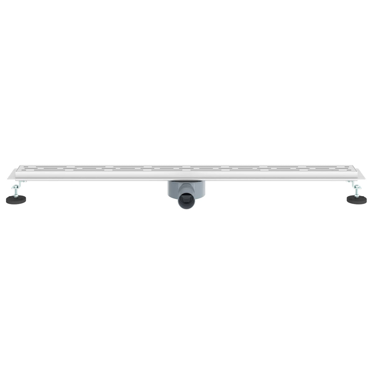 A long linear shower drain with a central siphon and adjustable feet