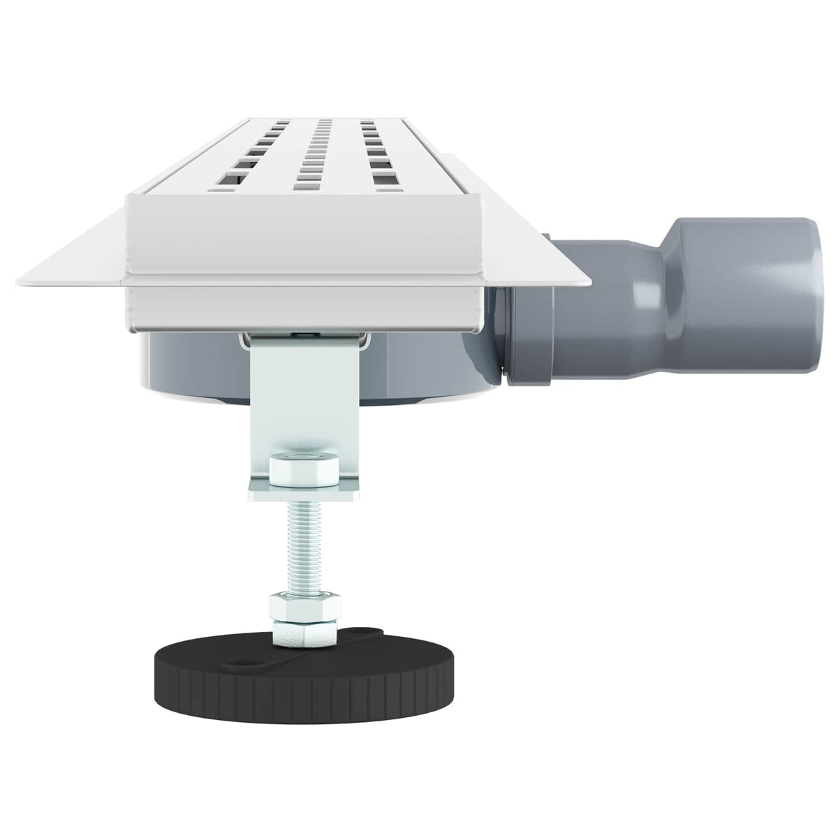 a close-up of the adjustable foot and the drainage pipe connection on the shower drain