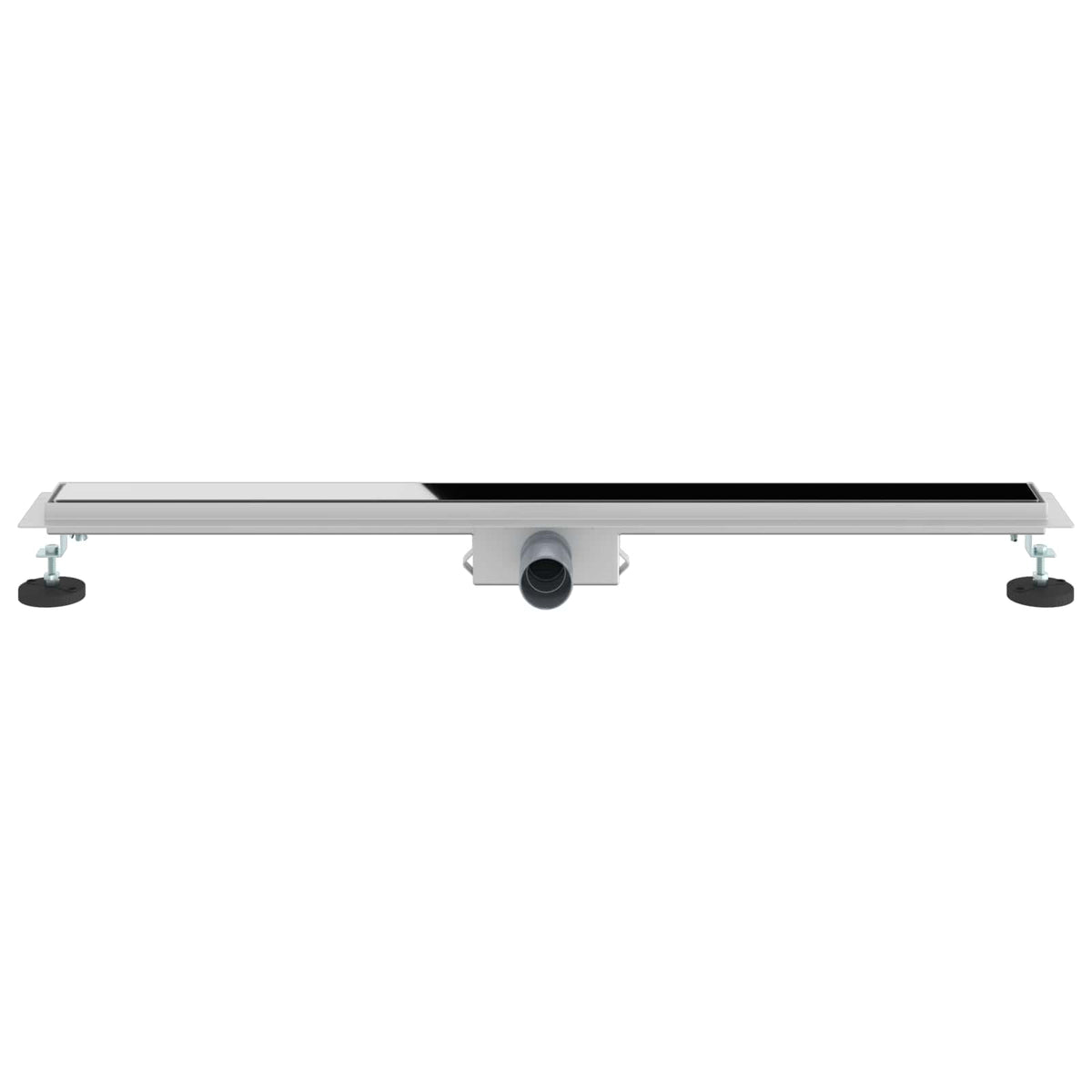 A long stainless steel shower drain with a black glass insert and outlet