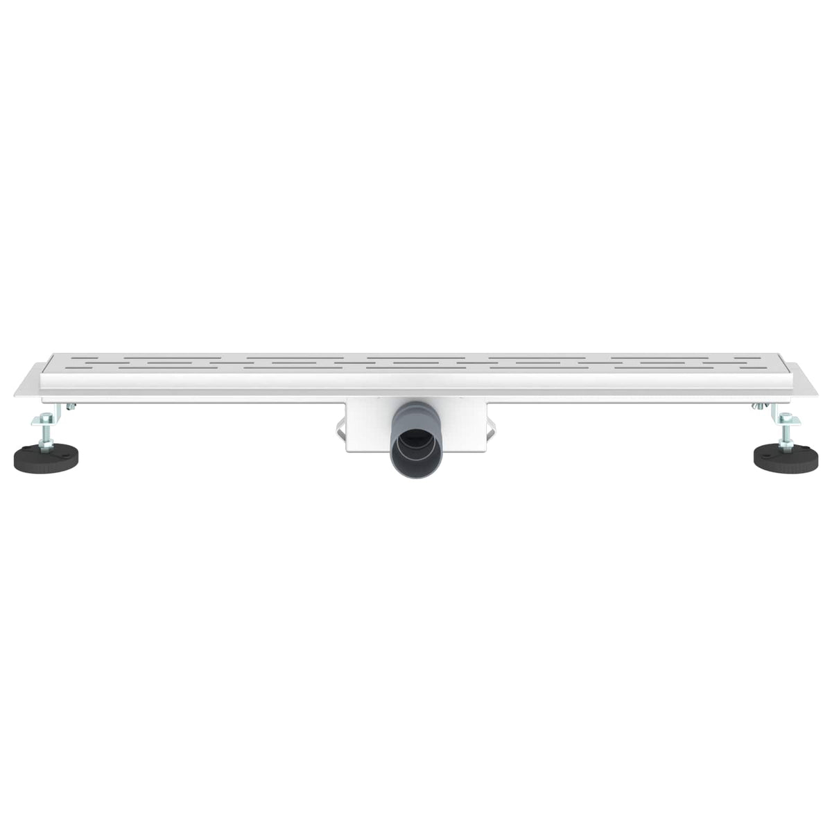 The linear shower drain is shown from the front with adjustable feet