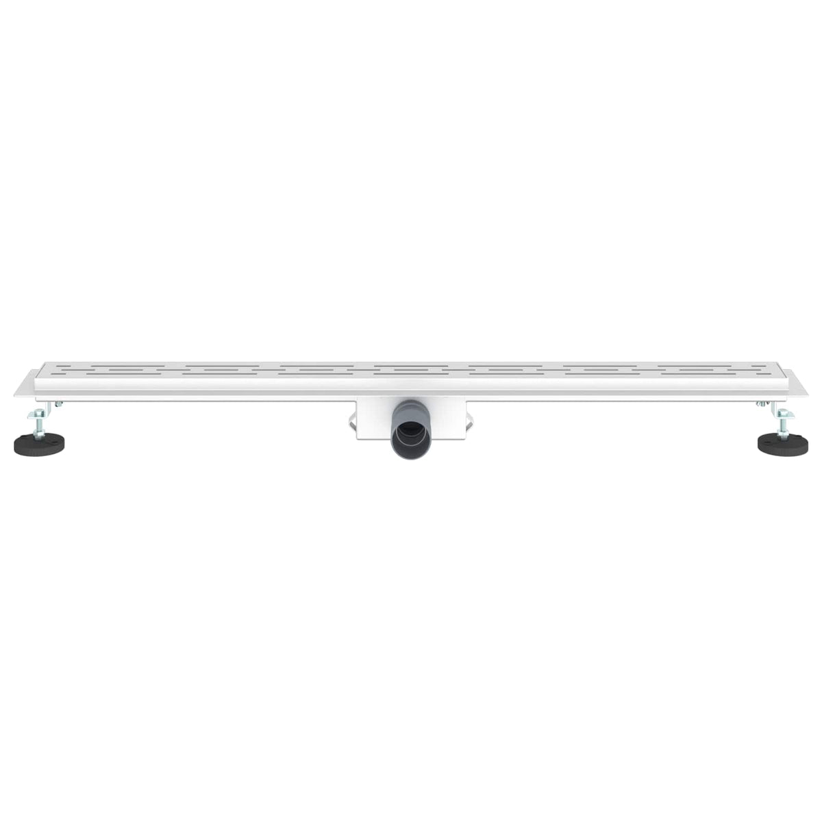 A front view of the linear shower drain, showing its rectangular shape and the central outlet pipe