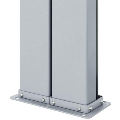 Base of the retractable side awning posts showing mounting plate and bolts