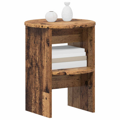 A round wooden side table with a shelf, shown from a slight angle