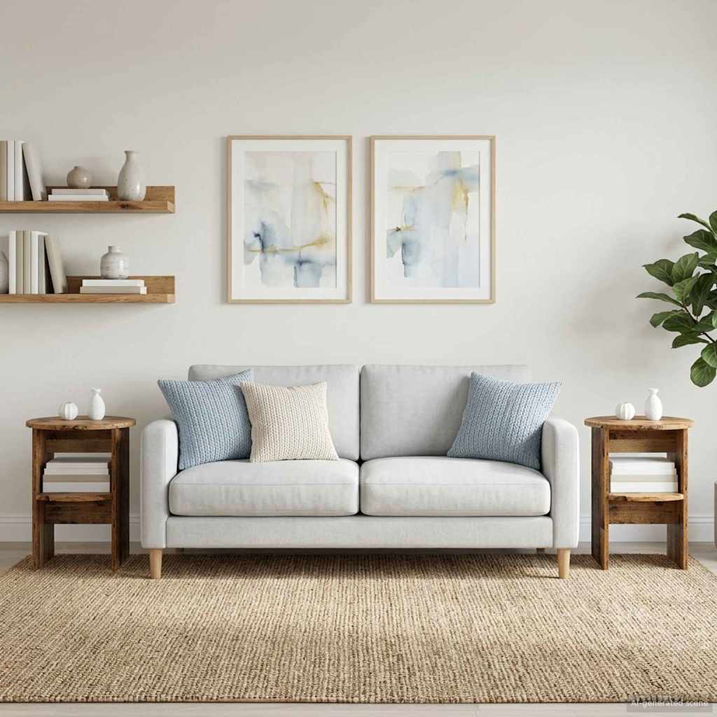 Two round wooden side tables with shelves in a living room setting