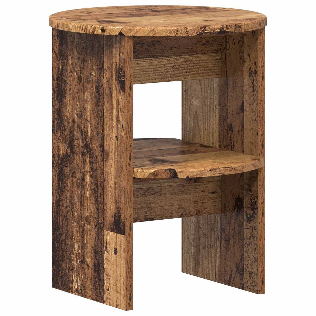 A round wooden side table with a shelf, viewed from the side