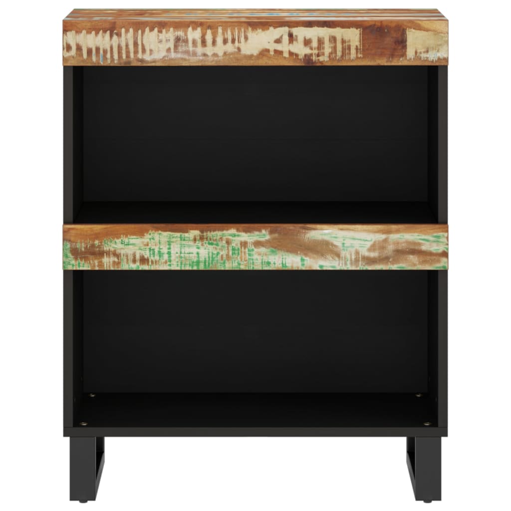 The cabinet shows its reclaimed wood top and shelf fronts against black sides