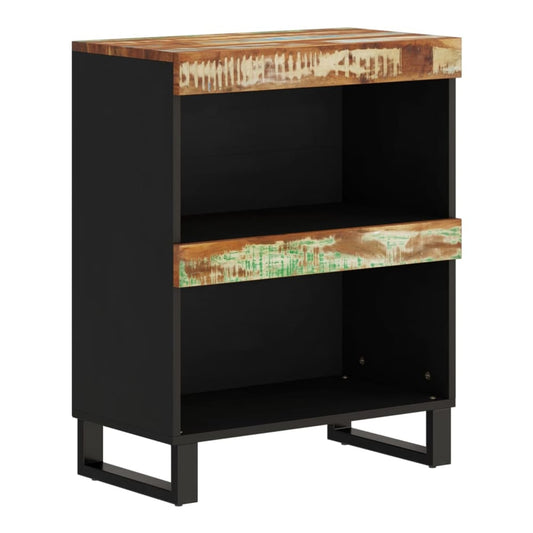 The cabinet has a rustic reclaimed wood top and shelf fronts with black sides and legs