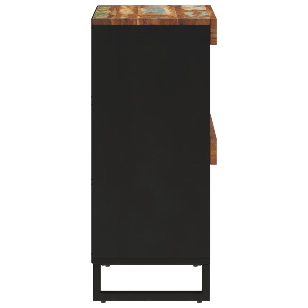 Side view of the cabinet showing the black side panel and reclaimed wood top