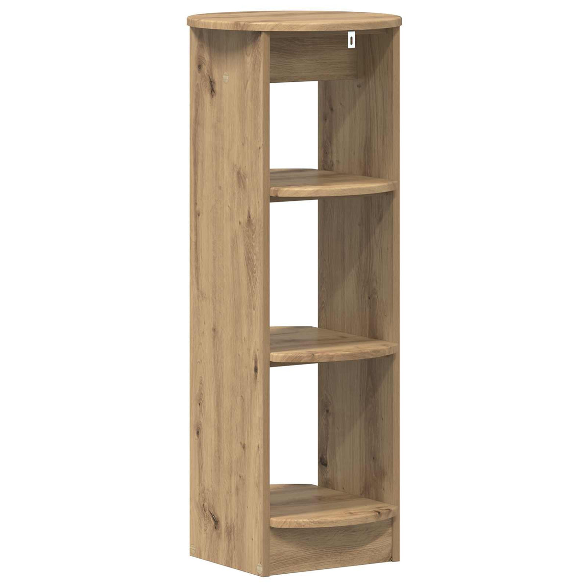 The corner cabinet with a rounded top edge and three shelves, shown from the side