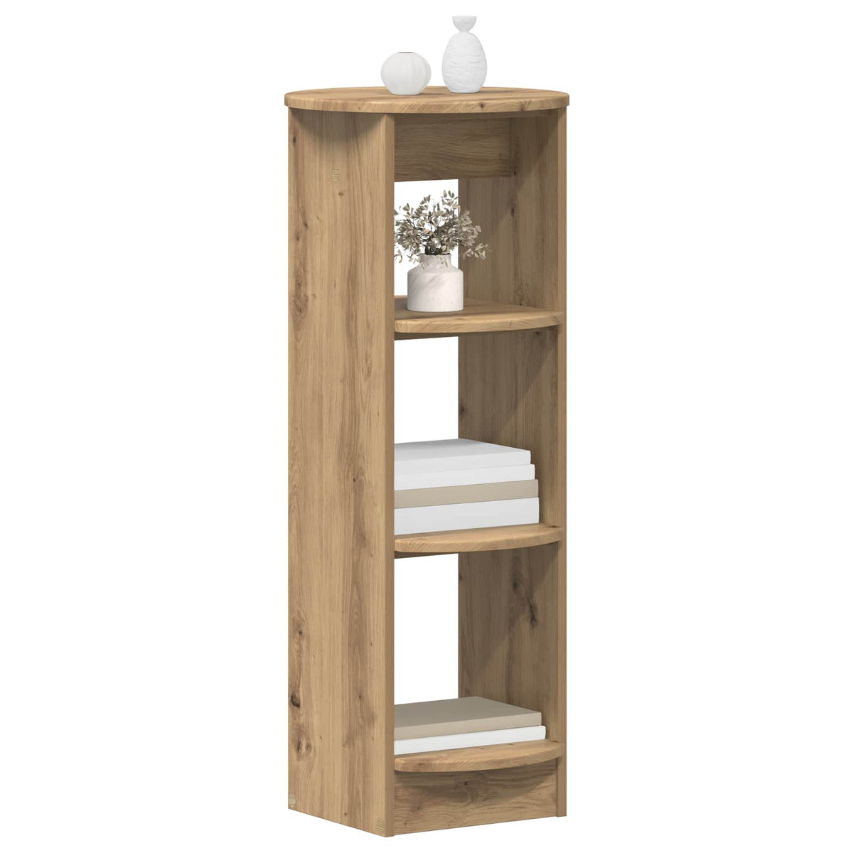 A corner cabinet with three shelves and a base, displaying the artisan oak finish