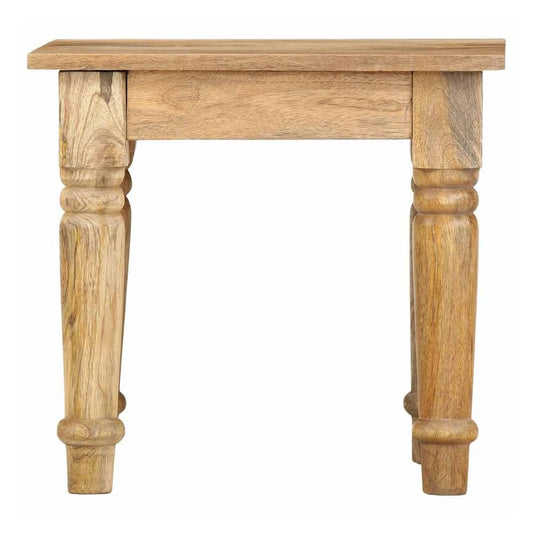The end table from the side, showing its simple construction and turned legs