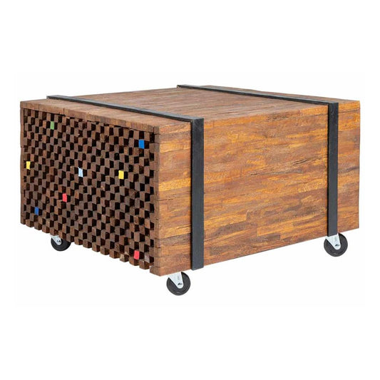 Side Table Teak with a rustic wooden finish and black metal straps on wheels