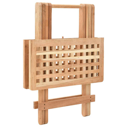 The wooden side table folded up showing its compact storage form