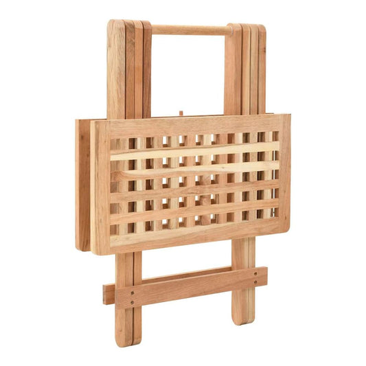 The wooden side table folded up showing its compact storage form