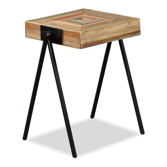 vidaXL Side Table Solid Reclaimed Teak, a square wooden top with a geometric pattern and four black metal legs