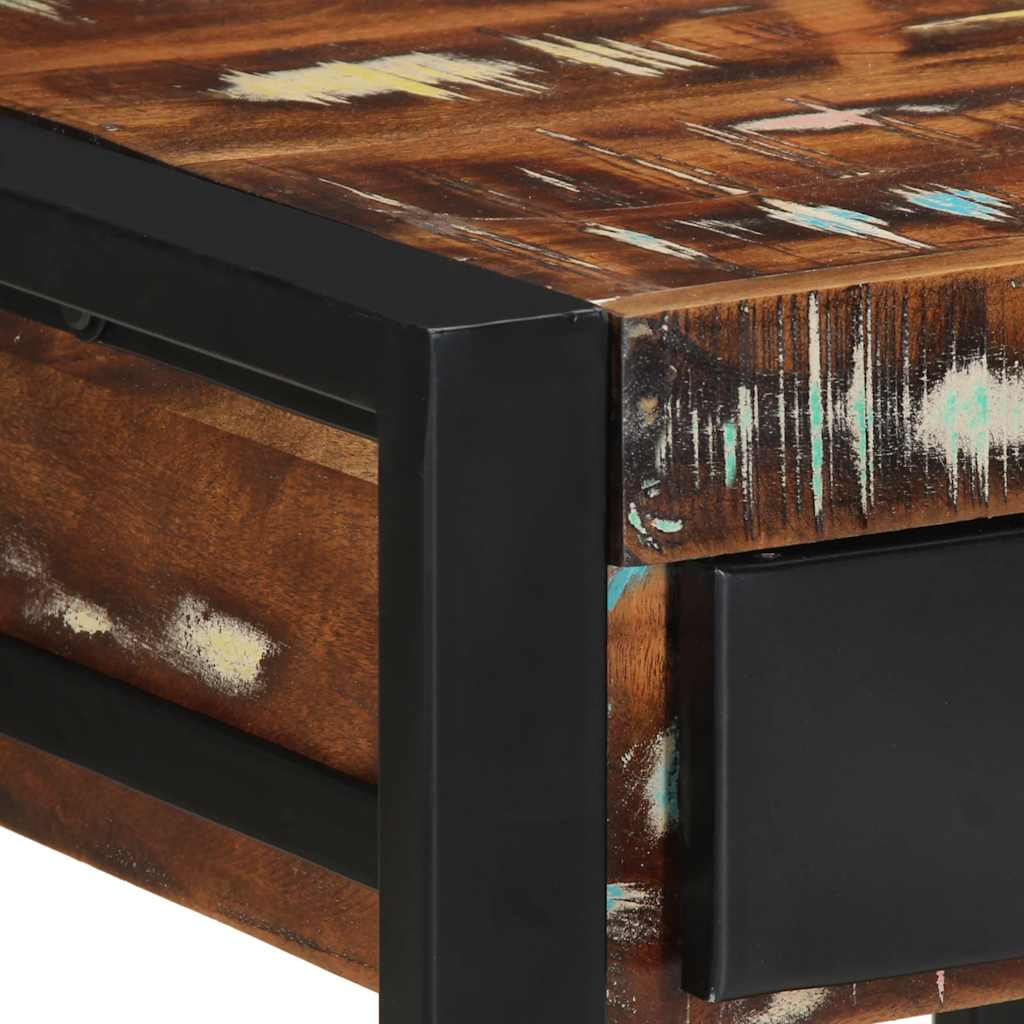 Close-up of the corner of the multicoloured reclaimed wood side table showing texture